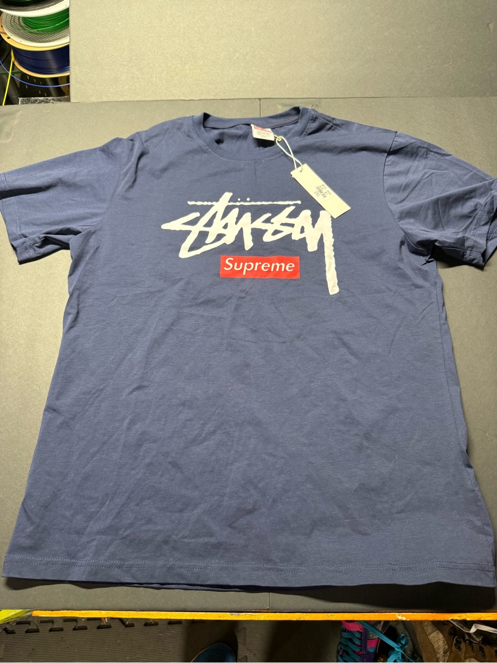 Supreme Navy Short-Sleeve Stussy Script Tee with Red Box Logo